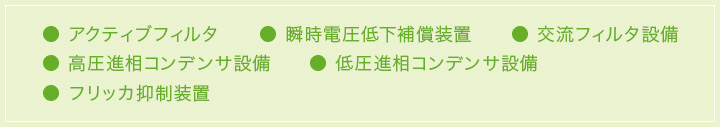 アクティブフィルタ・瞬時電圧低下補償装置・交流フィルタ設備・高圧進相コンデンサ設備・低圧進相コンデンサ装置・フリッカ抑制装置
